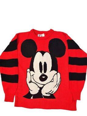 90s Vintage Disney Red Crewneck Sweater with Black Striped Sleeves